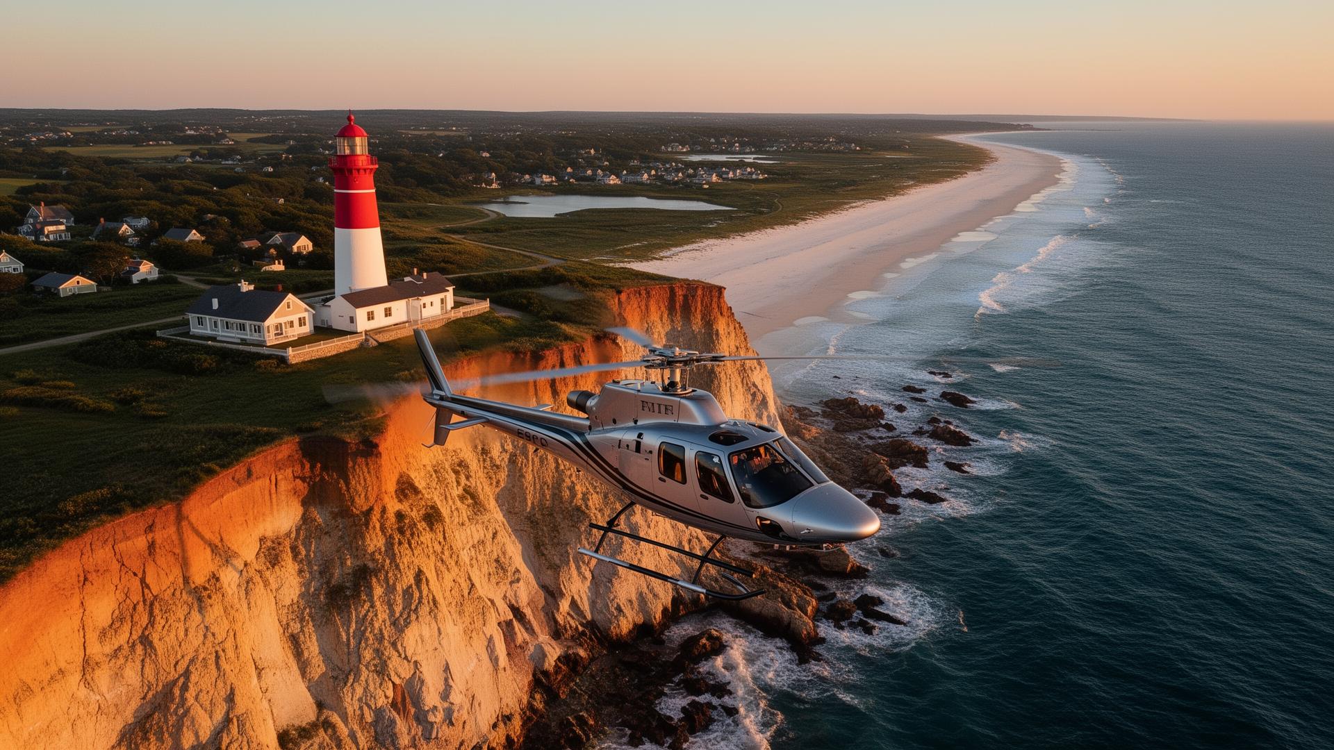 Helicopter flying over Martha's Vineyard coastline